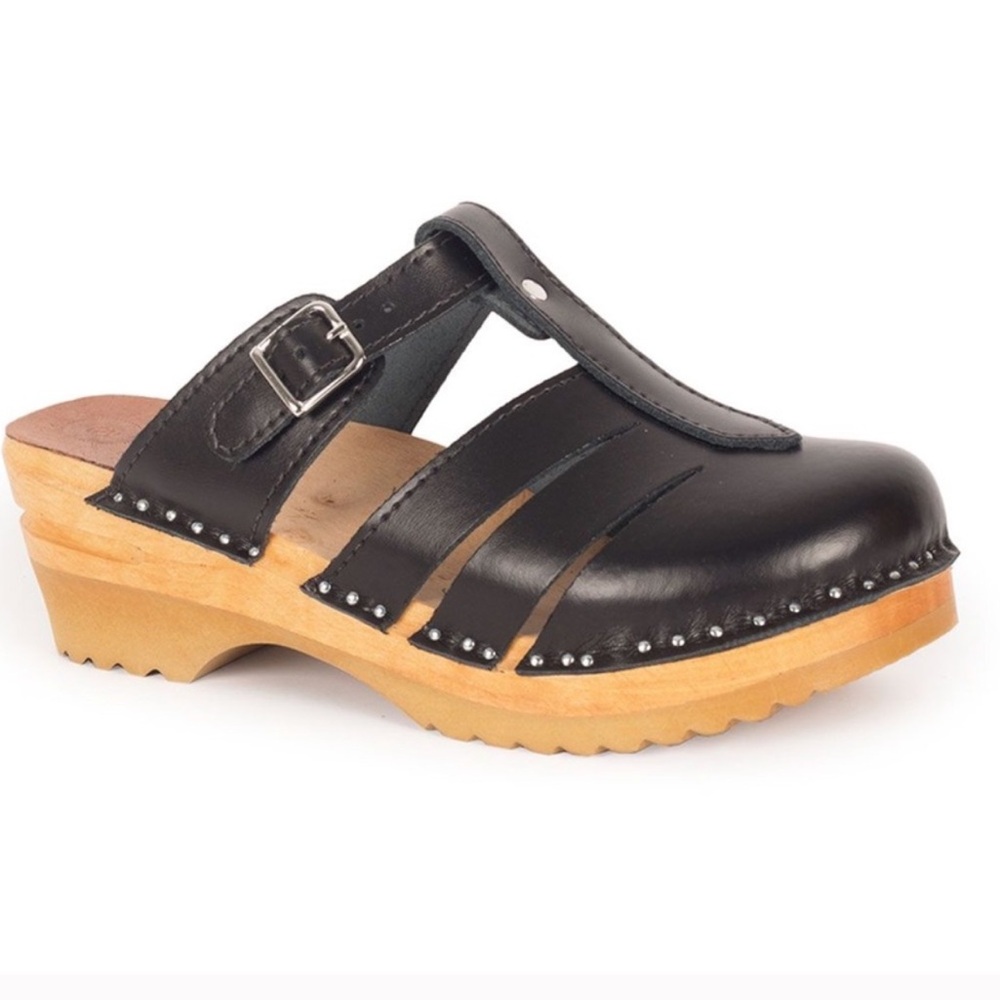 NEW! Troentorp Swedish Mary Jane Clogs Leather Black Tan Size 37 (7 US)
